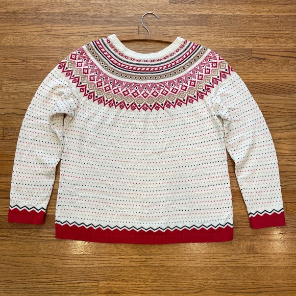 Talbots Women's Sz L Lambs Wool Blend Sweater Fair Isle White Red - Picture 10 of 10